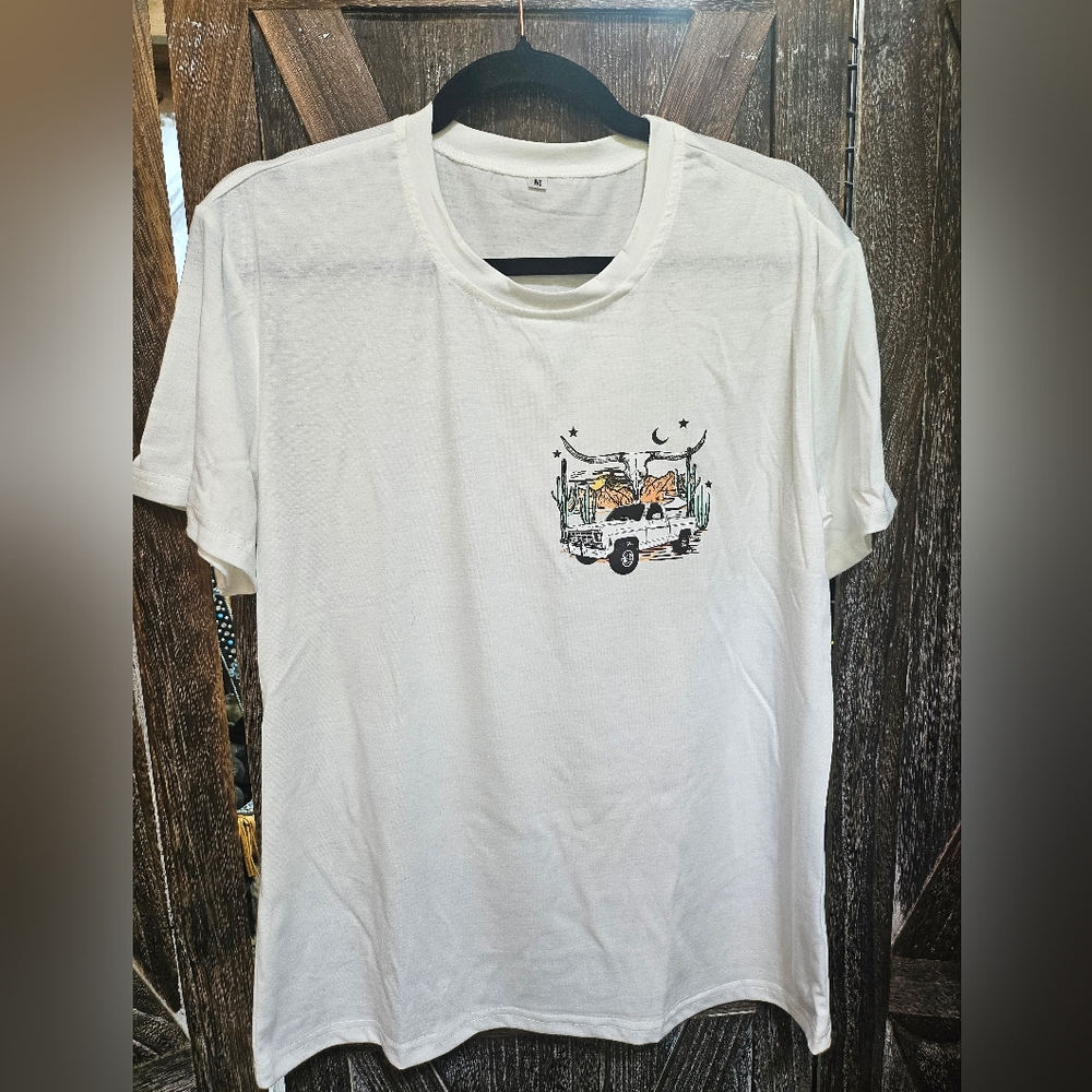 NWT White Graphic Tee with Truck and Desert Scene "Dreams And Gasoline" - Picture 2 of 4